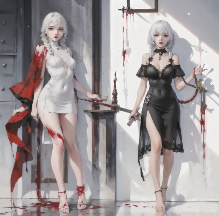 (best quality,highres,ultra-detailed:1.2),a woman with a blood-stained great sword, disheveled hairstyle, long braids, a woman with dyed white hair, 28 years old, wearing a black short-sleeved dress, lace at the hem., alluring atmosphere, charming, beautif...