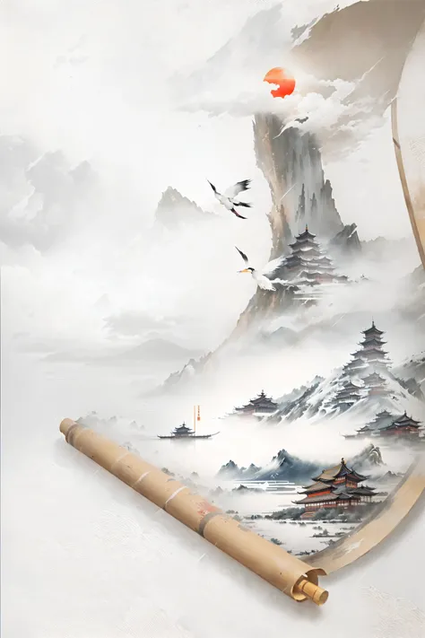 There is a huge scroll in the picture，There is water and boats in the scroll,Red-crowned cranes flying in the sky， There is a red sun on the top，There are clouds next to the sun，Oriental Wallpaper, Traditional Chinese painting style, Chinese watercolor sty...