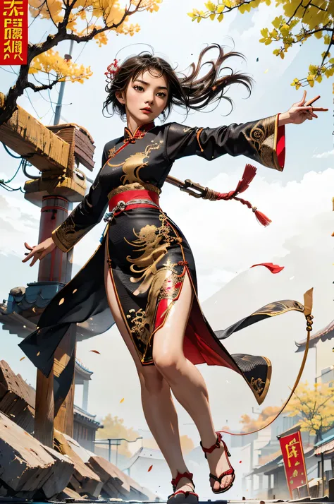 Stick Fighting Master, Chinese women, 22 years old, A gorgeously embroidered Chinese dress, Sensual, Disheveled Hair, Expressing agility,whole body,