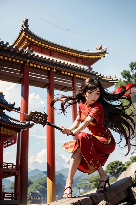 Stick Fighter, Chinese women, 22 years old, A gorgeously embroidered Chinese dress, Sensual, Disheveled Hair, Expressing agility,whole body, Leaning forward, Attacking from a crouching position,