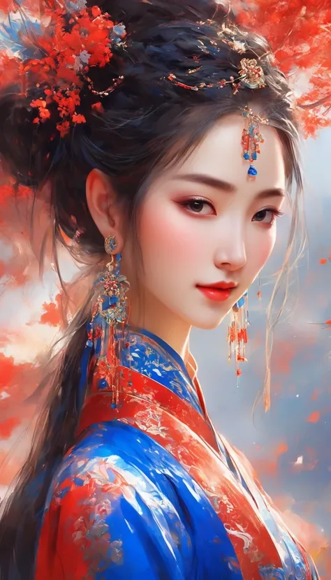 digital art of A close-up of a smiling woman wearing red and klein blue dress with her eyes closed, background: blue, exquisite digital illustration, palace, girl in hanfu, hot on cgstation, beautiful rendering of tang dynasty, beautiful digital illustrati...