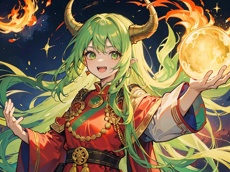 Woman with dragon horns, Green long hair, Red Hand, Guiding the stars, Ethnic clothing, Sacred atmosphere, Laugh softly