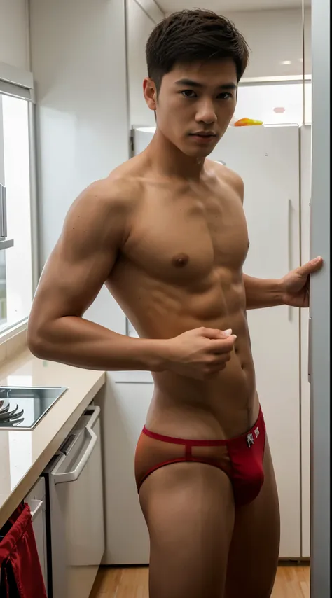 หนุ่มhandsome, Asian people, Thai person,teenager, Opening the refrigerator ,Not wearing a shirt, Wear red underwear, handsome ,short hairstyle,skinhead,skinny young man, in the kitchen,Sharp picture