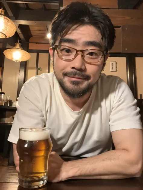 masterpiece, highest quality, Very detailed, close-up, 
murayakuba, Izakaya, indoor, lamp, ceiling light, Wooden floor, Poster (object), 
yossan, (1 Male), Glasses , Small,  Laughter, Beer  mug, Beer , salad, food,Fried chicken,