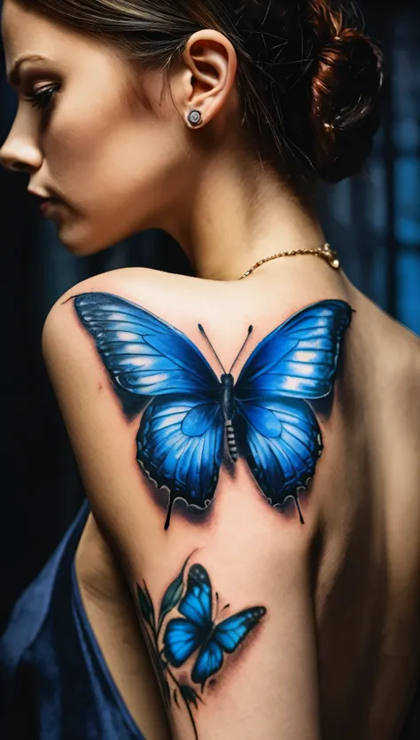 realistic photo, detailed, girl,(blue butterfly tattoo on arm:1.5), tattoo, very beautiful, murderous, photo from behind, looks over shoulder at viewer, betrayal, anger, dark background, 8K, dynamic wallpaper, very delicate, very dense, Realistic,Photoreal...