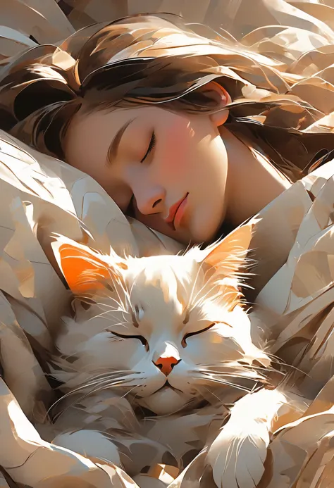 Abstract Style by Alisa Lazelle and Pierre Soulages, Ultra-high resolution, wallpaper, 8k,Richly textured details, Super detailed, Beautiful girl sleeping with cat、Eyes closed、Peaceful sleeping face、, Detailed Background, Elevation, . Non-expressive, Color...