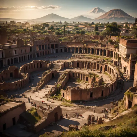 vesuvius erupts, incandescent lava submerges pompeii. roman ruins and wasted colosseum. dawn over ancient pompeii, ancient rome,...