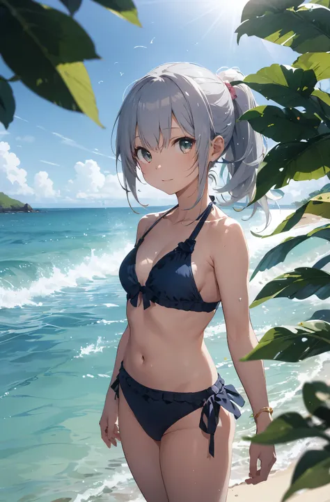 A silver-haired girl drawn in high resolution Japanese anime style、Standing alone on the white sand beach of a deserted island。She is wearing a gorgeous pink bikini.、Her hair is in a ponytail that sparkles in the light.。The transparent emerald green ocean ...