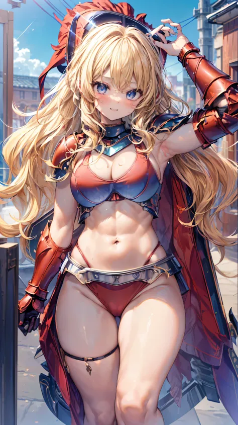 Very detailed、highest quality、Best image quality、masterpiece、8k、Anime Face、A kind smile、Open your mouth、Sparkling blue eyes、(Blonde wavy hair:1.5)、、Muscles of the whole body、camisole、Thigh belt、mini skirt、(Wearing red bikini armor:1.5)、(Cowboy Shot:1.5)、(L...