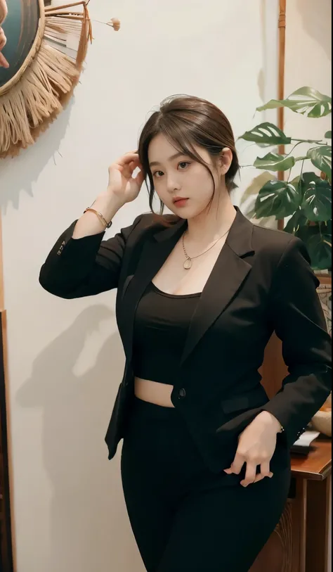 realisitic、Curvaceous woman standing alone, Woman in black business suit, with a business suit on, businesswoman, Woman in business suit, Wearing a white collar shirt under a suit、thick skirt、tight skirts、Girl in a suit, female in tight office dress, , Gir...