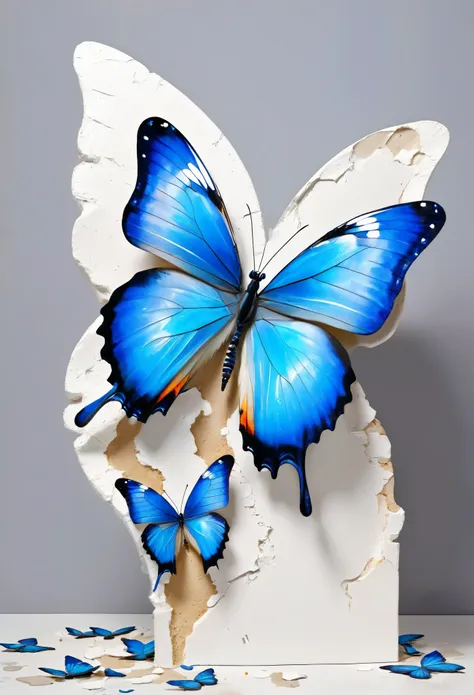 art work，3d，a delicate blue butterfly in the portrait on a broken white plaster statue，grace，