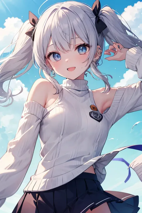 Silver-haired blue eyes、 girl、Small breasts、Twin tails、Laughter、Nico Nico Smile、Wink、 girl、Looks about 15 years old、Petan Musume、short、There are highlights on the eyes、Gal-like appearance、Wearing piercings、knit sweater 
No sleeve 
body line 
arm pit、mini s...