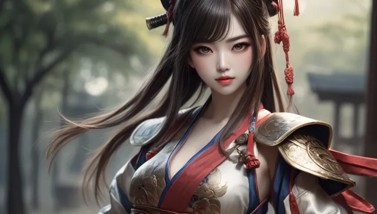 (Better Quality, High range, Ultra-detailed), Realistic, High resolution, solve, Detailed eyes and face, Detailed lips, Long eyelashes, juuichi , Beautiful Features, Curvy Body, Samurai costumes and armor,Look directly at the viewer, Intense expression, em...