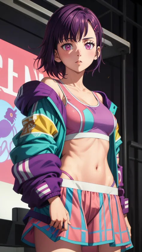 1girl, focused upper body, realistic, (short purple hair and hair clip), purple eyes, standing pose, (pink tanktop and pink skirt, blue jacket), purple background