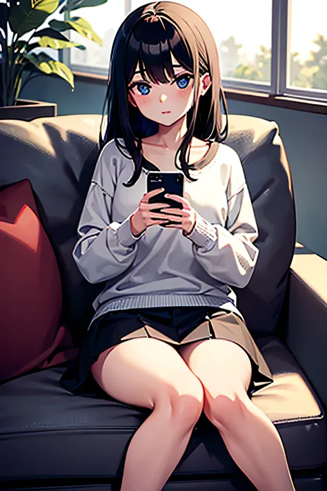 Girl sitting on the couch at home. She has a phone in her hands, in which he looks