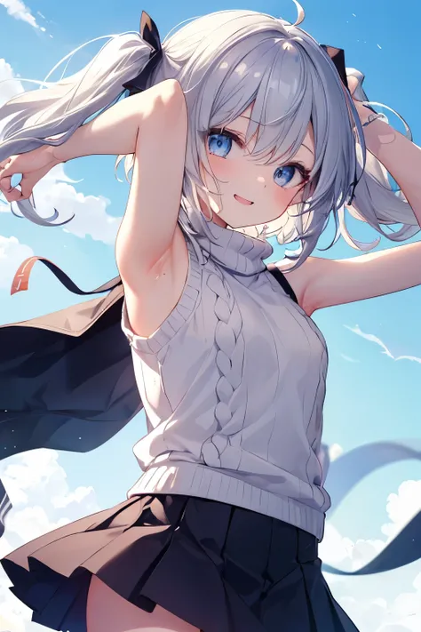 Silver-haired blue eyes、 girl、Small breasts、Twin tails、Laughter、Nico Nico Smile、Wink、 girl、Looks about 15 years old、Petan Musume、short、There are highlights in the eyes、Gal-like appearance、Wearing piercings、Knit sweater, sleeveless, body line, underarm、mini...