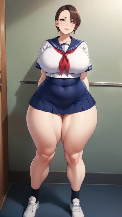 Large Breasts, Big Hips,Full Body Shot, Mature mother, Whipping the lower body, plump thighs, Ample calves, Seductive mature woman, Perfect body, Plus Size Model,high school girl,Sailor suit, The skirt is short,Mature woman wearing Sailor suit,