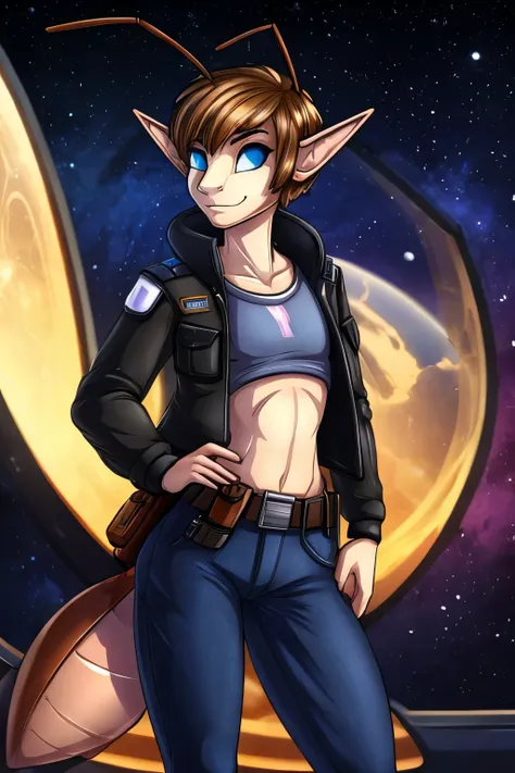 (cute anthro ant), tomboy, elf, pretty face, human nose, space station background, thin body, slim, fit, very short hair, dark b...