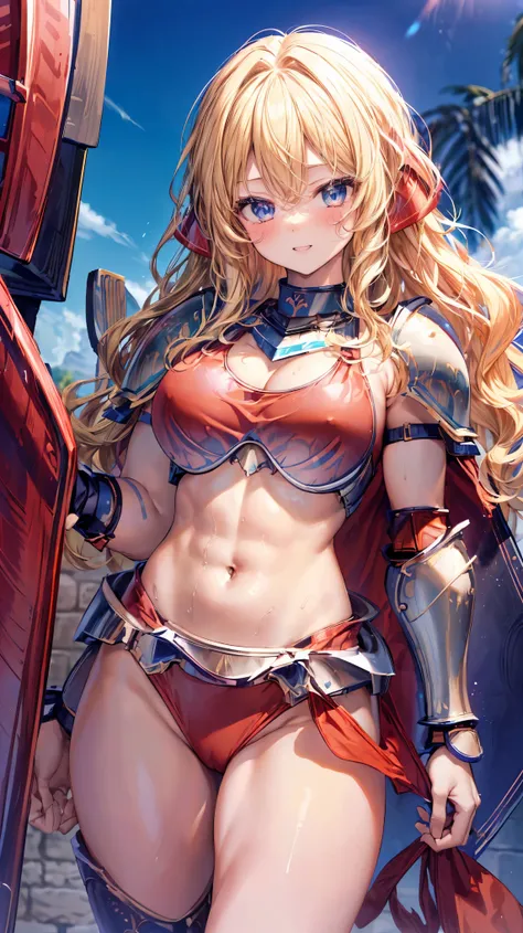 Very detailed、highest quality、Best image quality、masterpiece、8k、Anime Face、A kind smile、Open your mouth、Sparkling blue eyes、(Blonde wavy hair:1.5)、、Muscles of the whole body、camisole、Thigh belt、mini skirt、(Wearing red bikini armor:1.5)、(Cowboy Shot:1.5)、(L...