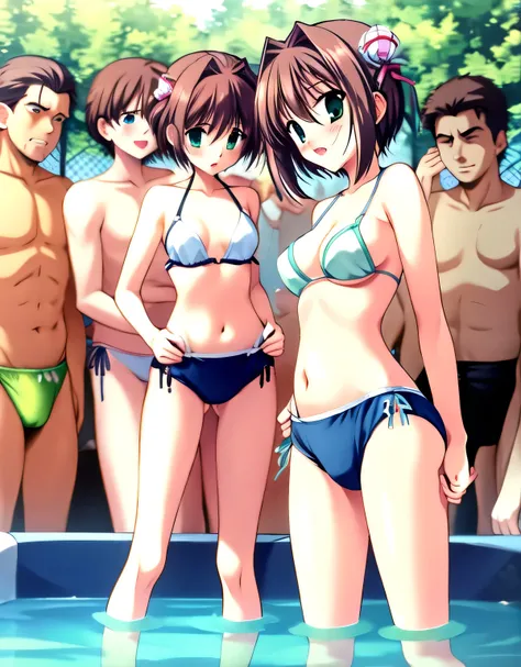 asakura_yume,(((woman１people))),Brown Hair,Normal chest,Aqua Eye,White skin,nsfw,(((Pool))),((Multiple men)),(((Are standing))),(((By Meng_Surrounded by middle-aged men molesting))),(((((((By Meng_Being stared at by a pervert))))))),blush, ((surprise)),Ope...