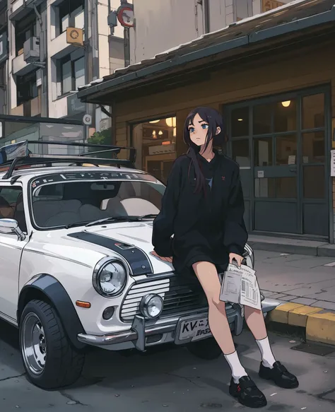 highest quality, Anime Style, Tuning car, Mini Cooper,Girl with newspaper