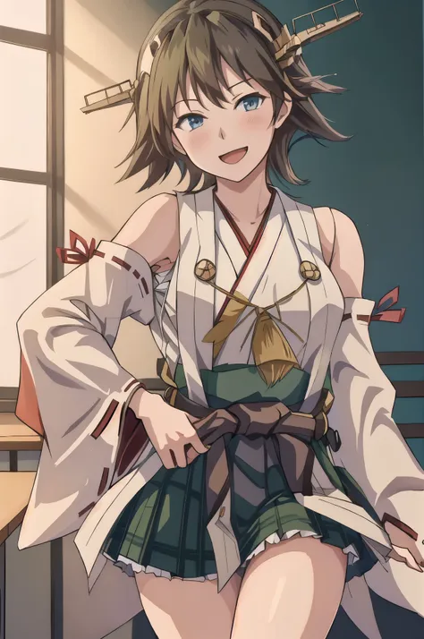 highest quality, masterpiece, High resolution, alone, {Hiei_Kantai Collection:1.15}, 明るい茶hair, hairband, headgear, Non-traditional_Miko, smile, green_eye, Inverted up_hair, Open_mouth, One Girl, Dependent_sleeve, green_skirt, Japanese_Clothes, one hour_dra...