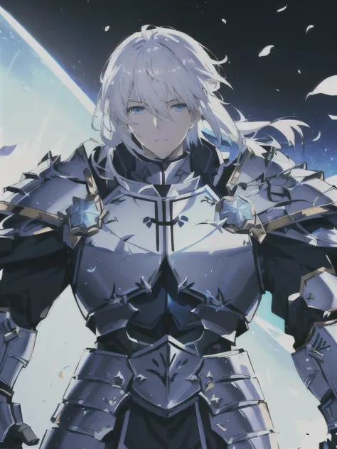 anime character with white hair and blue eyes standing in front of a planet, fate grand order, isekai, fate / stay night, anime style like fate/stay night, a human male paladin, from arknights, (((knight))), fate stay night, blue armor, glowing lights in a...