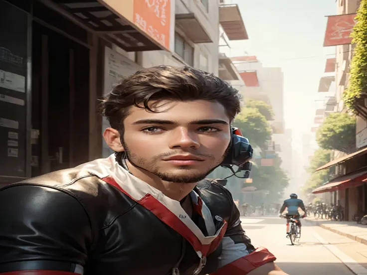 Change background rode site place bike rider futuristic realistic face handsome boy cute