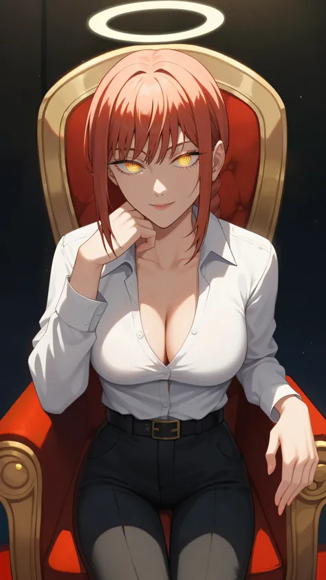 score_9, score_8_up, score_7_up, score_6_up, 1girl, Makima_(chainsaw man), mature female, slim_figure, halo, white shirt, black pants, cleavage, looking at viewer, red hair, sidelocks, braided ponytail, ringed eyes, yellow eyes, glowing eyes, black belt, b...