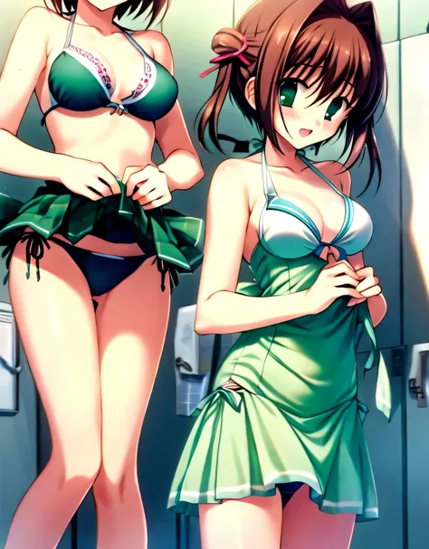 asakura_yume,Brown Hair,Medium Chest,Aqua Eye,White skin,((locker room)),((Are standing)),(((Change into a bikini swimsuit))),((Bust up shot)),(((((green_Summer Dresses))))),((valley)),No bra,smile,Open your mouth,