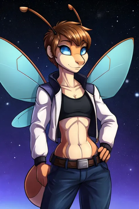 (Cute anthro Ant), Tomboy, pretty face, human nose, space station background, thin body, slim, fit, very short hair, dark blonde hair, brushed back hair, blue eyes, flat chested, anthro, insect, (2 Ant Antenna), bug wings, adjatha, utility belt, cropped ja...