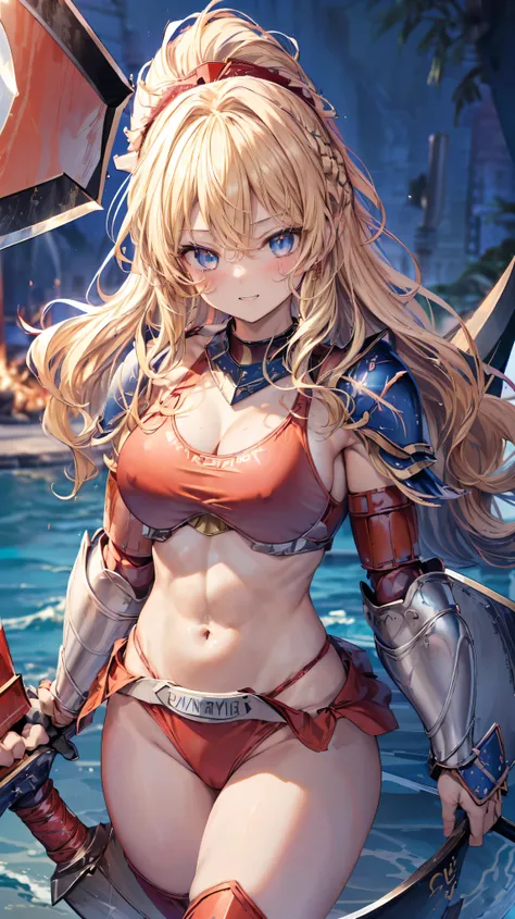 Very detailed、highest quality、Best image quality、masterpiece、8k、Anime Face、A kind smile、Open your mouth、Sparkling blue eyes、(Blonde wavy hair:1.5)、、Muscles of the whole body、camisole、Thigh belt、mini skirt、(Wearing red bikini armor:1.5)、(Cowboy Shot:1.5)、(L...