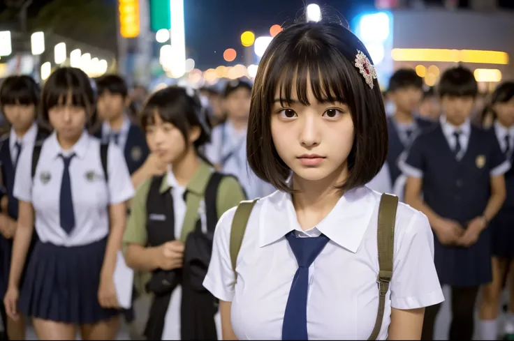 (Uniform without sleeves:1.3) high school girl　White cotton shirt　Big Breasts　Very detailed　super high quality　super high quality　Surreal　photograph　3 Japanese girls　(Each girl has a different hairstyle randomly、A different face:1.3) 　Fair skin　16 years ol...