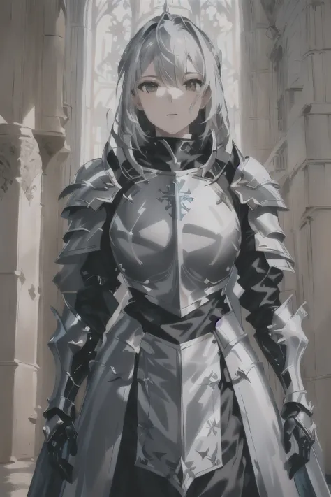 a close up of a woman in armor standing in front of a building, with sleek silver armor, stunning armor, armor girl, beautiful armor, with sleek silver metal armor, pale black armor, girl in knight armor, female armor, bikini armor female knight, wearing t...