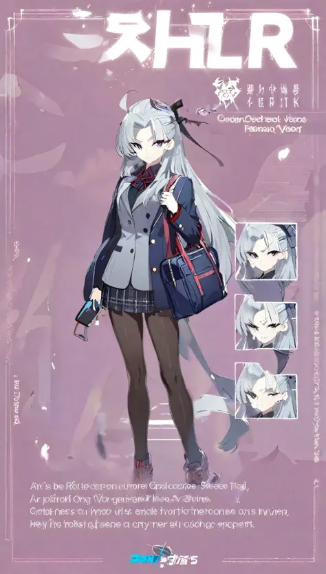 One Girl,uniform,blazer,Long Hair,Grey Hair,Concept Art,whole body,Are standing,cool,bag,Simple background gray,Holding a smartphone in hand,Pleated skirt,Black Pantyhose,