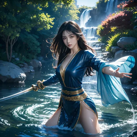 (Extremely detailed CG Unity 8K wallpaper,masterpiece, best quality, Super detailed),(incredible lighting, Dynamic camera angles),Water sword, blue water splash,stream, flowing water, Beautiful girl with long black hair, Elegant martial arts dress,watercol...