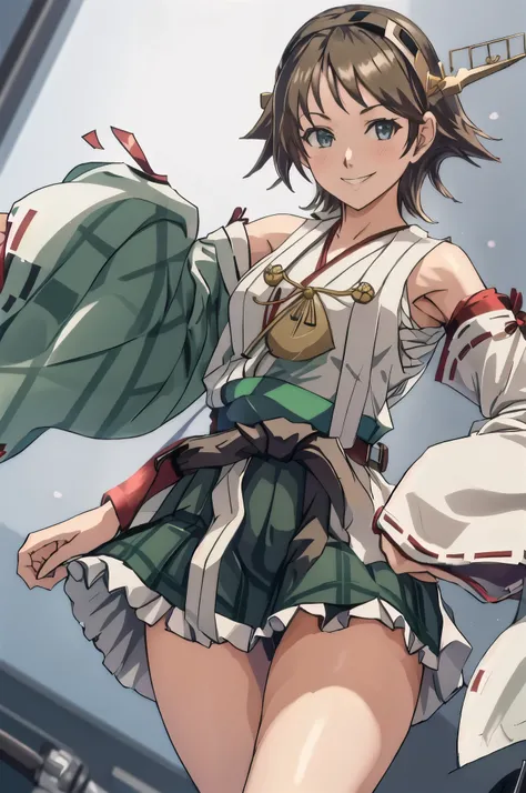 highest quality, masterpiece, High resolution, alone, {Hiei_Kantai Collection:1.15}, オレンジ色hair, hairband, headgear, Non-traditional_Miko, smile, green_eye, Inverted up_hair, smile, One Girl, Dependent_sleeve, green_skirt, Plaid, Plaid_skirt, ribbon-trimmed...