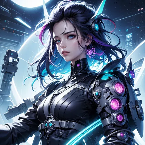 a portrait of a person with a futuristic and artistic theme. the individual has a vivid, colorful hairstyle. they wear oversized...