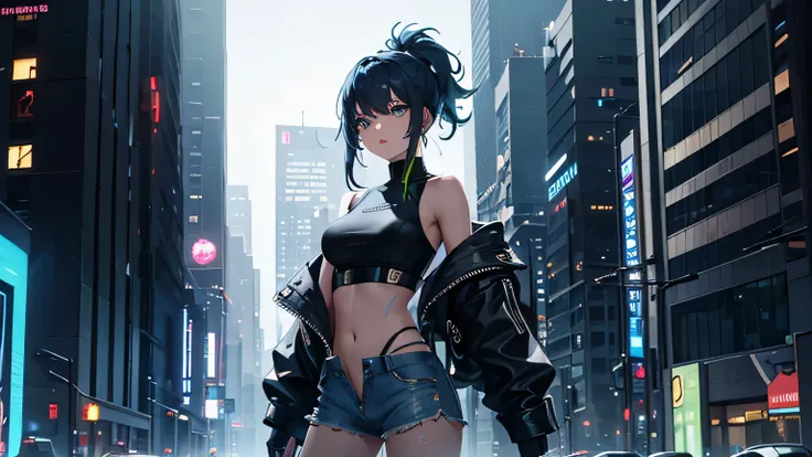 importing the scenery of a futuristic cyber city, surrounded by neon lights and holographic advertisements. The girl is standing on a rooftop, with the wind blowing through her hair. Her eyes are a vibrant, glowing blue, and she has a determined expression...