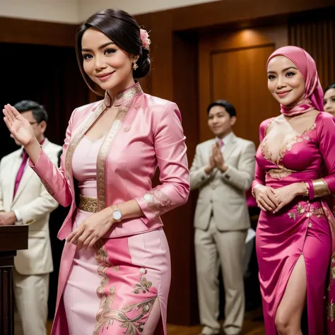 1 malay lady, wearing sexy kebaya, pink hijab, smiling, standing at ceremony, clapping hands, big breast, high slit skirt