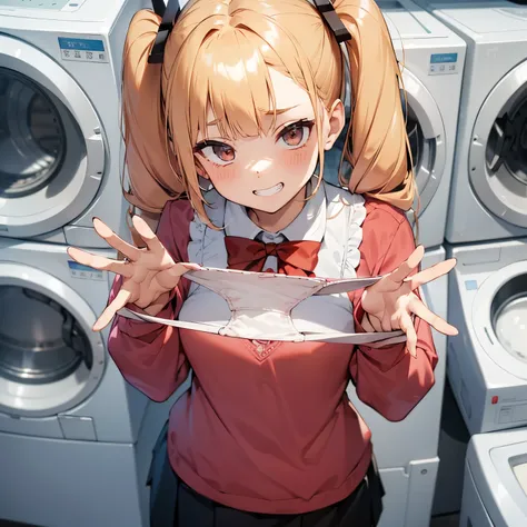 1girl,
laundry room,laundry machine, laundry bascket, a few underwears are in a laundry bascket,
blonde hair, {{{half twin tail:...