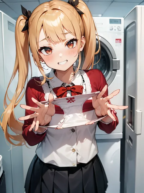 1girl,
laundry room,laundry machine, laundry bascket, a few underwears are in a laundry bascket,
blonde hair, {{{half twin tail:...