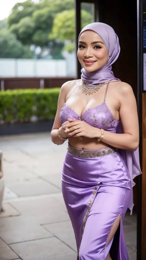 1 malay lady, wearing sexy kebaya, light purple hijab, hijab covers her hair, smiling, walking at ceremony, clapping her hands, ...