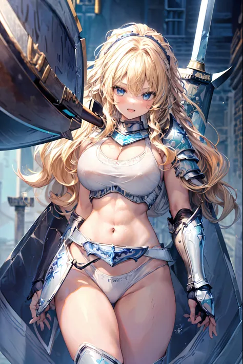 Very detailed、highest quality、Best image quality、masterpiece、8k、(Two Women:1.5)Anime Face、A kind smile、Open Mouth、Sparkling blue eyes、(Blonde wavy hair:1.5)、Muscles of the whole body、camisole、Thigh belt、(Wearing white bikini armor:1.5)、(Cowboy Shot:1.5)、(L...