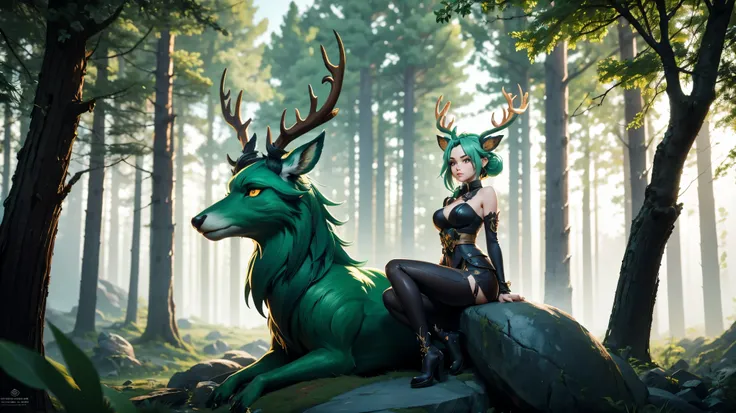 a woman with green hair and a deer antlers head sitting on a rock, beautiful face, stylized anime, forest soul, detailed digital anime art, anime fantasy illustration, digital anime art, digital anime illustration, anime fantasy artwork, anime styled digit...