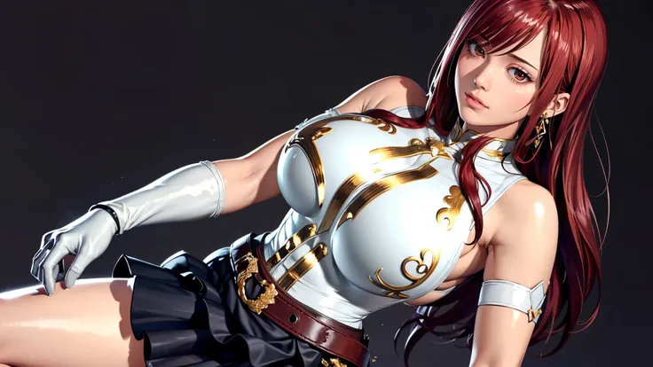 （（（完美figure，figure，solo， （（（armor, shoulder armor, gauntlets, breastplate, armored dress, belt, pleated skirt, blue skirt,  ））），（（（fairy tail, long hair, red hair, brown eyes, hair over one eye））），((masterpiece)),high resolution, ((Best quality at best))，m...