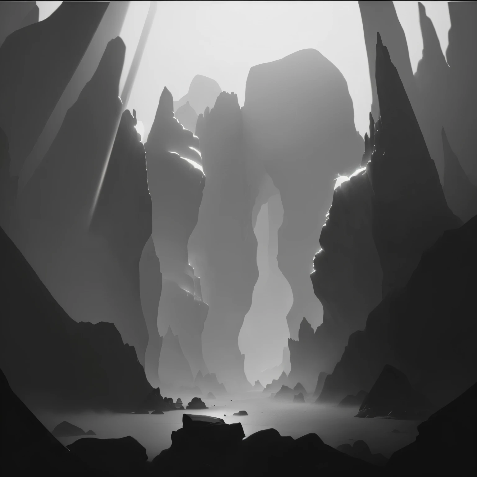 a black and white photo of a cave with a person standing in it, rocky environment, environment concept, cave background, abstract environment, environment concept art, light study, dramatic lighting. concept art, deep environment, dark high-contrast concep...