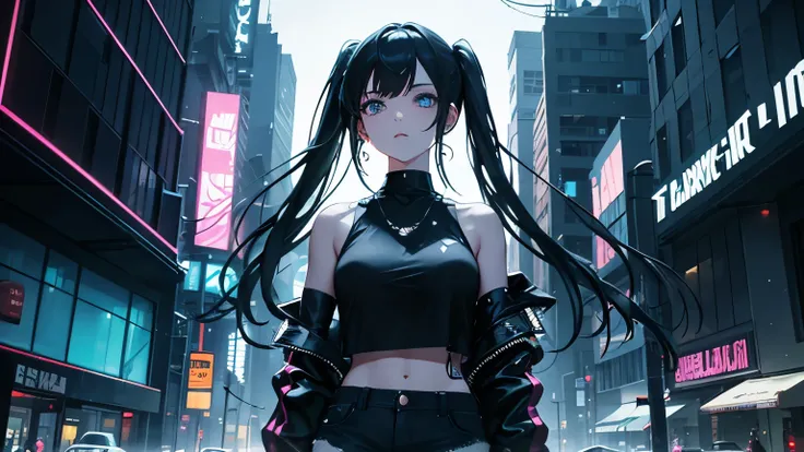 importing the scenery of a futuristic cyber city, surrounded by neon lights and holographic advertisements. The girl is standing on a rooftop, with the wind blowing through her hair. Her eyes are a vibrant, glowing blue, and she has a determined expression...