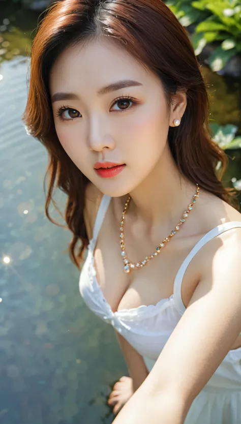 Taking selfie from above beautiful korean female, 34 inch breasts size, wearing sleeveless shirt, necklace, beside the pond, bokeh background, UHD 