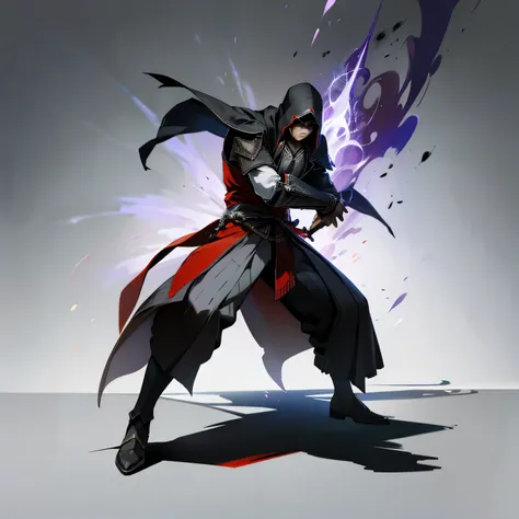 A full-body illustration of a character with a dark aura shadow like the Eminence of Shadow anime. The pose is dynamic stance, wearing assassins creed outfit